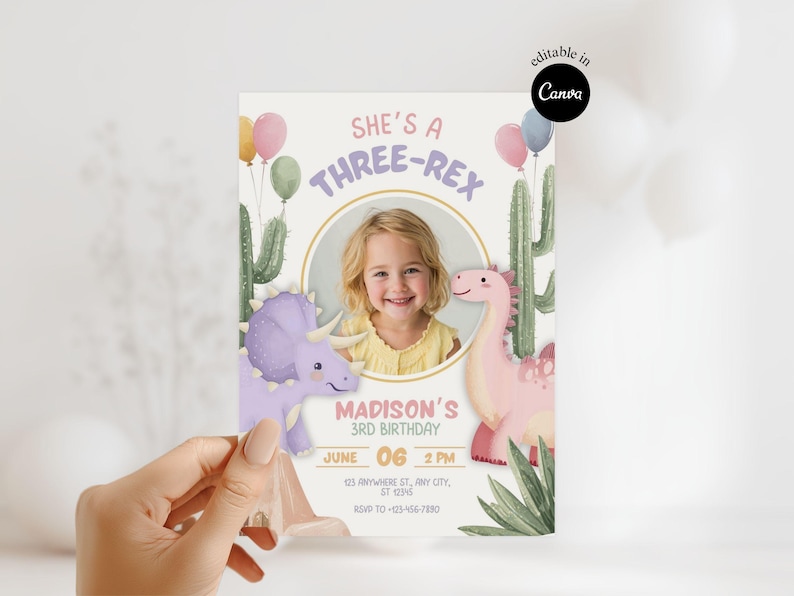May include: A birthday invitation with the text "She's a Three-Rex" and a photo of a young girl. The invitation features illustrations of a purple Triceratops, a pink dinosaur, balloons, and cacti. The date and time of the party are also included.