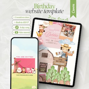 May include: A digital birthday website template featuring a farm animal theme. The design includes a tablet and smartphone displaying the website layout. The tablet shows a birthday invitation with a scarecrow and farm animals. The smartphone shows an invitation with a windmill and farm animals.