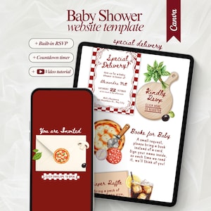 Invito per baby shower con consegna speciale modificabile e RSVP Invito per baby shower a tema pizza italiana Invito per festa baby shower a tema pizza immagine 1