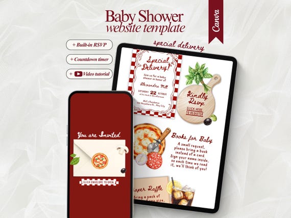 Editable Special Delivery Baby Shower Website Invitation With RSVP Italian Pizza Baby Shower Invitation Pizza Theme Baby Shower Party invite