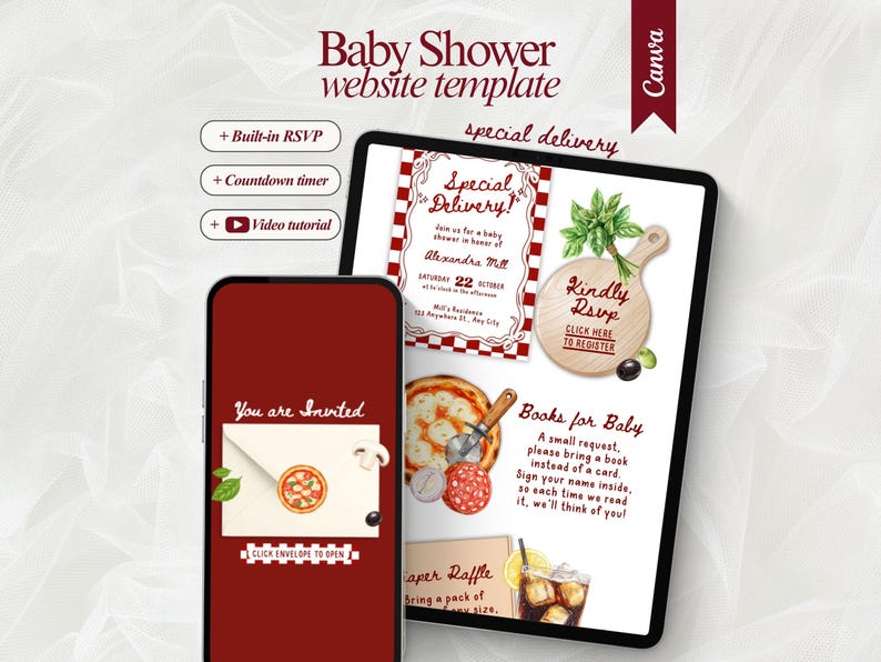 Invito per baby shower con consegna speciale modificabile e RSVP Invito per baby shower a tema pizza italiana Invito per festa baby shower a tema pizza immagine 1