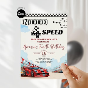 Puede incluir: Una invitación de cumpleaños con temática de coches de carreras. La invitación presenta el texto "NEED 4 SPEED" y "Harrison's Fourth Birthday". Un coche de carreras rojo está representado en la parte inferior. La fecha es el 18 de octubre de 2025.