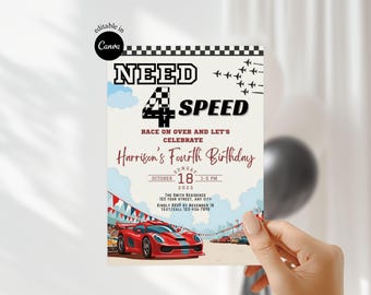 Animated Need Four Speed Canva Template Racecar Boy Birthday Invitation Editable Race Car Party Invitation Fourth Birthday Race car party
