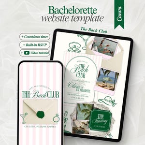 Bewerkbare The Bach Club Bachelorette-websitesjabloon DIY elegante uitnodiging vrijgezellenfeest met RSVP roze vrijgezellenweekend