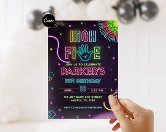 Neon Glow High Five Birthday Invitation Hi Five 5th Birthday Invite Printable Girls fifth birthday invitation Editable glow birthday invite