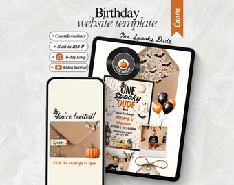 Invitación de cumpleaños de Halloween para niño con temática de fantasmas, ideal para fiestas temáticas de Halloween. Plantilla editable de Canva para sitio web. ¡Boo Day!
