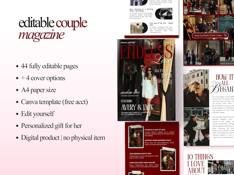 Plantilla de revista personalizada para parejas, regalo de aniversario personalizado para él y para ella, revista estética, regalo de cumpleaños, revista roja, regalo de compromiso imagen 2