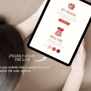Puede incluir: Una tableta muestra informaci&oacute;n sobre un registro de regalos y un c&oacute;digo de vestimenta. La pantalla presenta un regalo rojo, una ilustraci&oacute;n de vestido rojo y una paleta de colores. El texto en la pantalla incluye "Gift Registry" y "Dress Code". La tableta es sostenida por una persona.