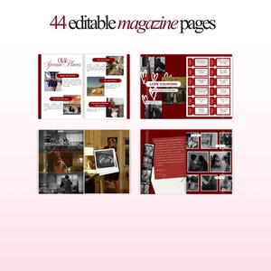Puede incluir: Dise&ntilde;o de revista con un dise&ntilde;o rojo y blanco. El texto en la parte superior dice "44 p&aacute;ginas de revista editables". Las p&aacute;ginas contienen fotos y texto, incluyendo "Our Special Places" y "Love Coupons".