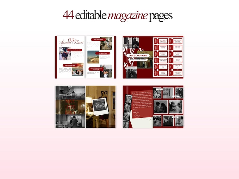 Puede incluir: Dise&ntilde;o de revista con un dise&ntilde;o rojo y blanco. El texto en la parte superior dice "44 p&aacute;ginas de revista editables". Las p&aacute;ginas contienen fotos y texto, incluyendo "Our Special Places" y "Love Coupons".