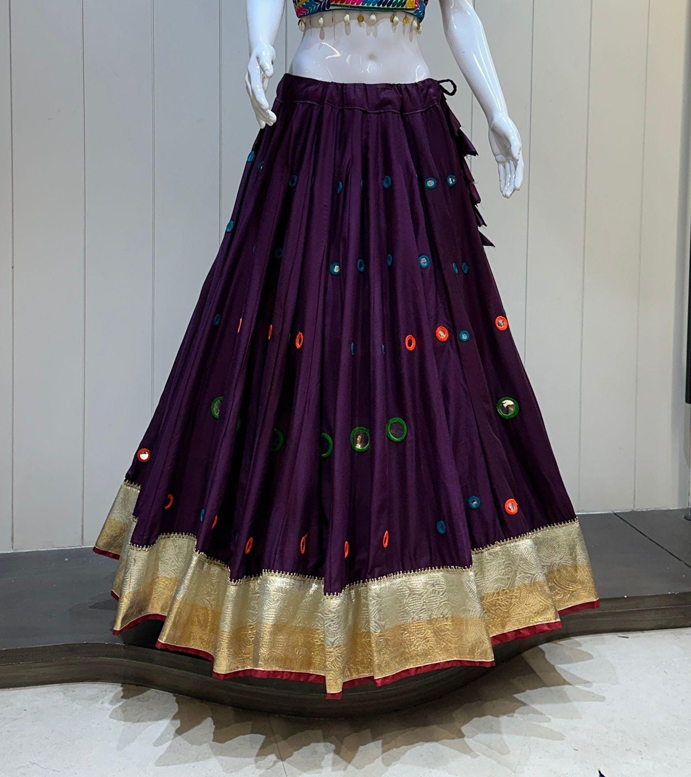 Pure rayon cotton chaniya with hand aari work mirror.