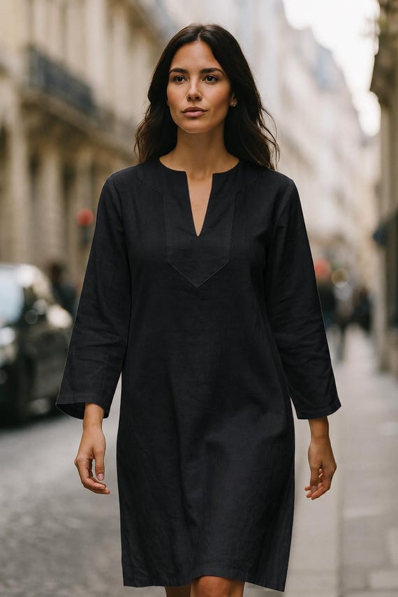 Black Linen Dress with Pockets, Women’s Shift Dress, Relaxed Fit Tunic Dress, Everyday Linen Clothing