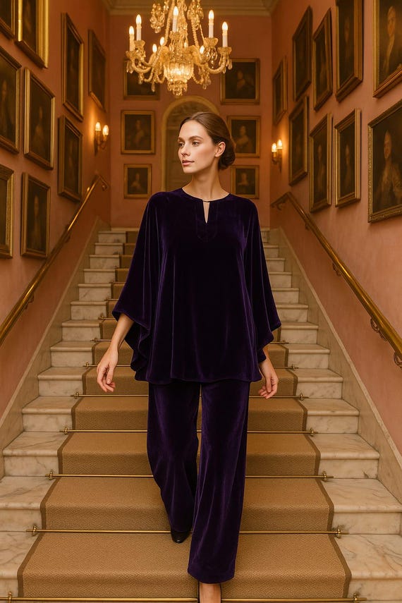 Elegant Poly Velvet Flowy Kaftan and Wide Leg Pants
