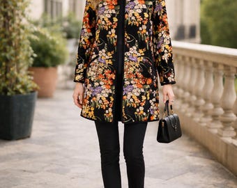 Abrigo de terciopelo Midnight Garden: chaqueta con estampado floral, elegante abrigo de noche, capa de invierno llamativa