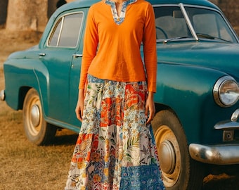 Falda larga escalonada de rayón floral / Falda de patchwork bohemia