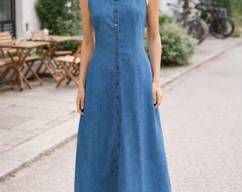 Classic Blue Denim Midi Dress | Sleeveless Button Front Everyday Dress