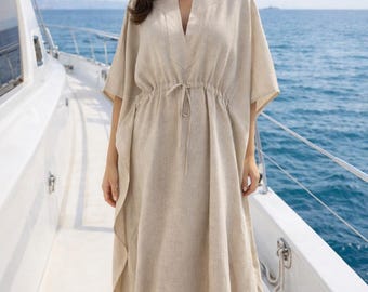 Vestido caftán de lino natural – Maxi en tonos tierra suaves con bolsillos