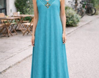 Vestido largo de lino turquesa / Vestido holgado de verano para estar en casa