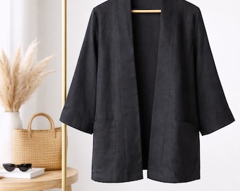 Chaqueta kimono de lino negra – Blazer de lino relajado con bolsillos