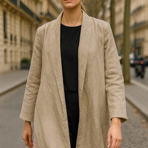 Women's Long Linen Duster Coat, Open Front Minimalist Jacket, Natural Beige Beige