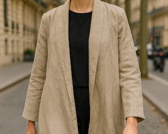 Abrigo largo de lino para mujer, chaqueta minimalista con frente abierto, color beige natural.