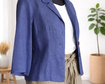 Blazer peplum de lino azul - Chaqueta de verano de manga 3/4 para mujer