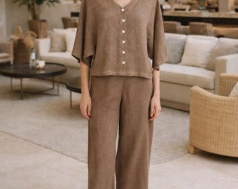 Brown Linen Co-Ord Set for Women | Relaxed Button-Front Top & Wide Leg Pants