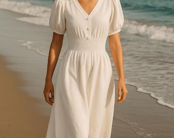 Vestido midi de lino natural blanco: conjunto de verano con mangas abullonadas