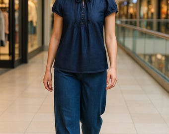 Conjunto clásico de mezclilla índigo: top suave con mangas abullonadas y pantalones anchos