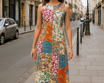 Vestido de patchwork de rayón hecho a mano: vestido bohemio chic midi