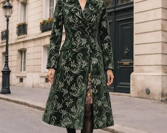 Abrigo largo de terciopelo con bordado floral plateado / Negro, verde oscuro y granate / Prenda exterior de lujo de inspiración vintage