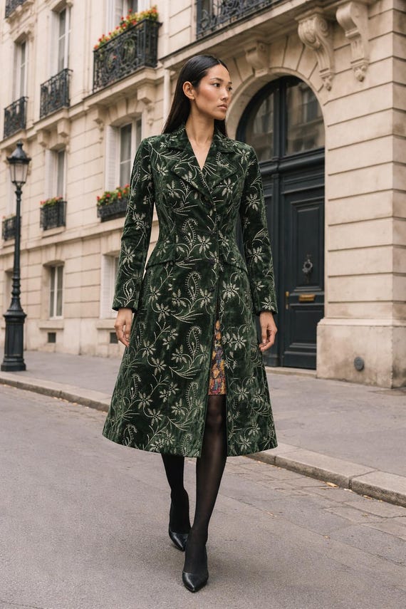 Embroidered Velvet Long Coat for Women, Silver Floral Statement Coat