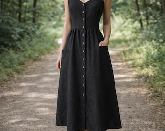 Vestido midi de lino con bolsillos: un look atemporal y cotidiano con botones al frente