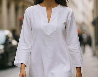 Vestido caftán corto de lino blanco con bolsillos / Corte holgado, hecho a mano, para resort