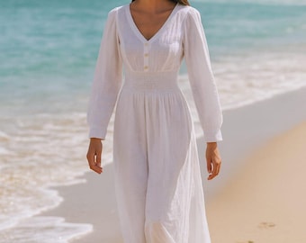 Vestido midi de lino blanco con bolsillos / Vestido de manga larga