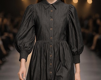 Vestido vaquero clásico con botones, cintura fruncida y mangas abullonadas