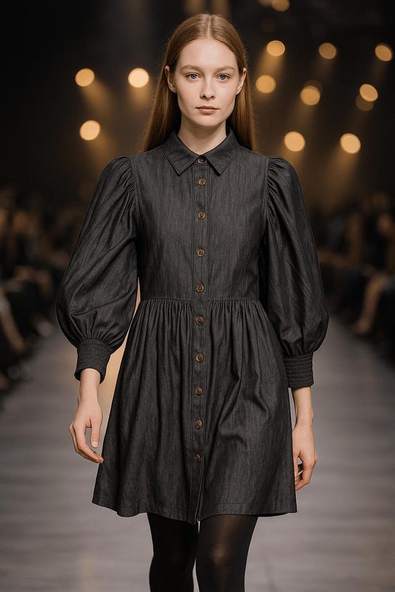 black long sleeve flare dress Light Mineral Wash Denim Long Sleeve Mini Dress main image 1