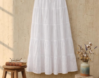 Falda larga de lino blanco con forro de algodón / Falda bohemia de verano con capas