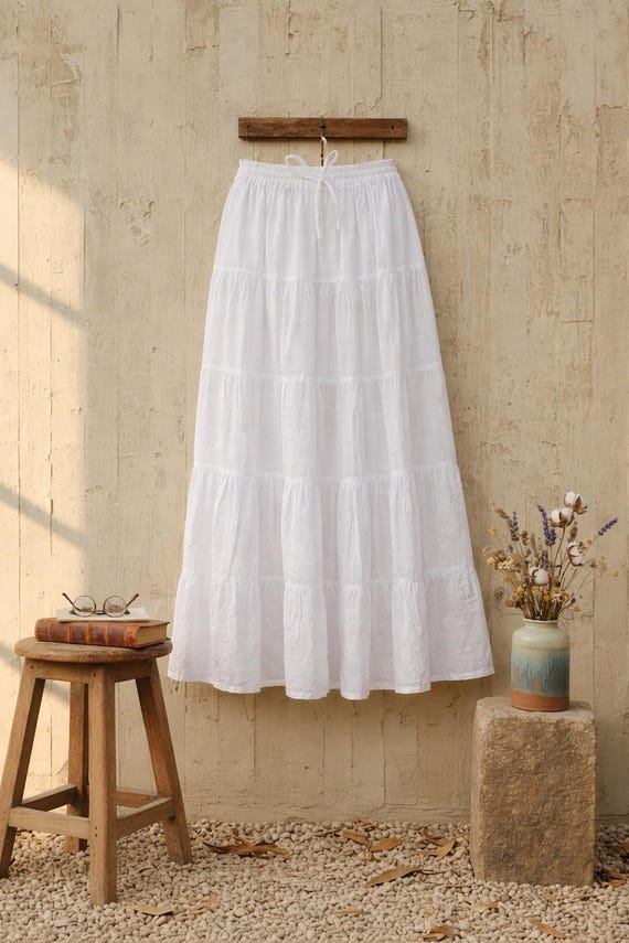 White Linen Maxi Skirt with Cotton Lining | Tiered Boho Summer Skirt