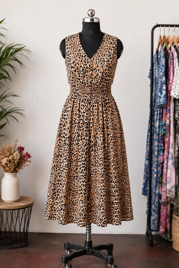 Leopard Print Midi Dress for Women | Sleeveless V Neck Smocked Waist Dress | Casual  Dress with Pockets | Animal Print linen dress,