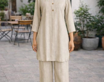 Conjunto de lino natural con bolsillos: túnica de lino y pantalón ancho, elegante y cómodo.