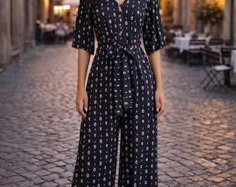 Vestido enterizo de rayón floral negro / Mono de pierna ancha / Mono de una pieza con cinturón y escote en V
