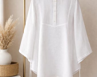 Blusa campesina de lino blanco aireado: blusa informal de verano