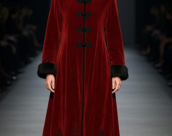 Abrigo de terciopelo carmesí con capucha: abrigo de invierno largo y cálido