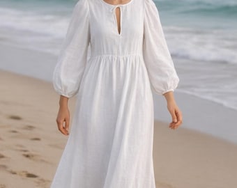 Vestido midi de lino blanco con bolsillos