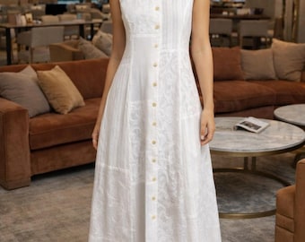 Ivory Whisper – Vestido midi de patchwork de algodón blanco con bolsillos / Vestido de verano sin mangas con botones
