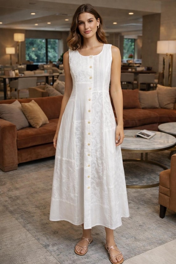 Ivory Whisper – White Cotton Patchwork Midi Dress with Pockets | Sleeveless Button-Down Summer Dress