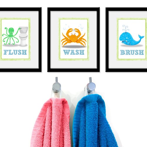 Bathroom Sea Theme Kids Art Set of Three 5 X 7 Bathroom - Etsy