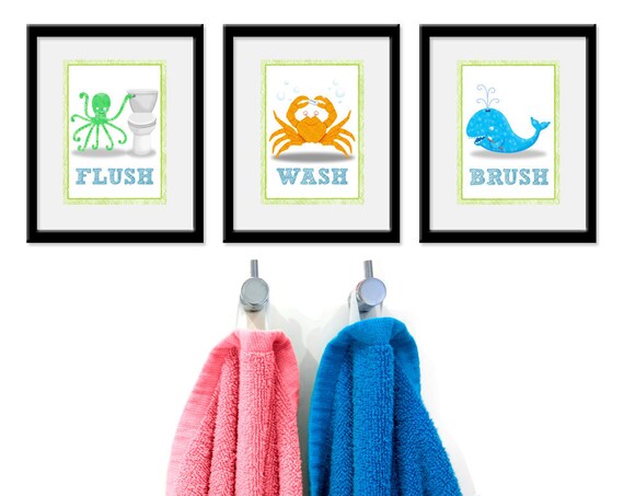 Bathroom Sea Theme Kids Art Set of Three 5 X 7 Bathroom - Etsy