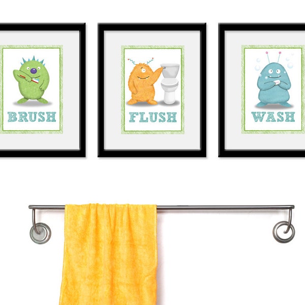 Kids Bathroom Art - Three 5 x 7 Archival Giclee Bathroom Monster Prints